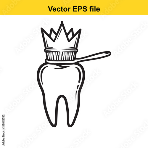 Black and white line art vector drawing of a tooth wearing a royal crown and being brushed by a toothbrush, isolated on white background