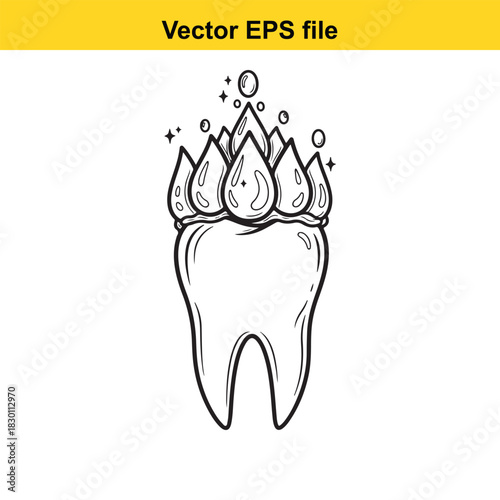Black and white hand drawn vector illustration of a healthy, sparkling tooth with water drops or enamel shining on top, perfect for dental care concept isolated on white background