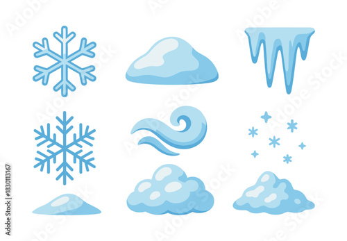 Winter weather elements, snowflakes, ice, flat vector illustration
