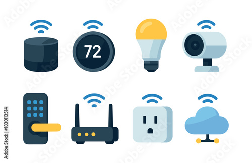 Smart home devices, flat vector illustration, smart gadgets, iot technology
