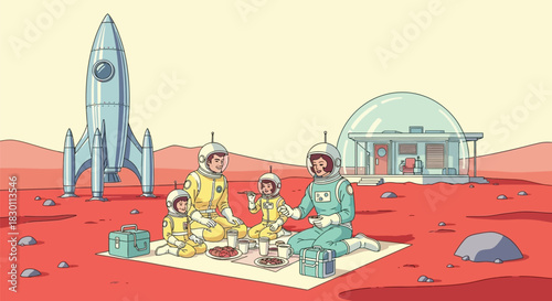 Retro Futuristic Family Picnic on Mars or Alien Planet Surface