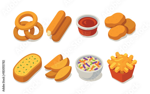 Assorted fast food snacks, fries, nuggets, flat vector illustration