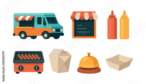 Food truck elements, menu board, condiments and packaging, flat vector illustration