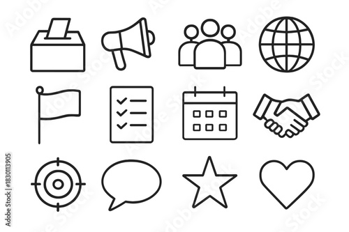 Civic Engagement Icons. Civic engagement. Line icon set of civic engagement: ballot box, megaphone, group of people, globe, flag, checklist,