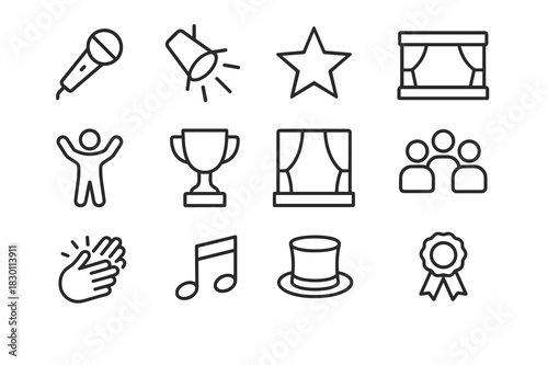 Talent Show Icons. Talent show. Line icon set of talent show: microphone, spotlight, star, stage, performer, trophy, curtain, audience, applause, note, hat,