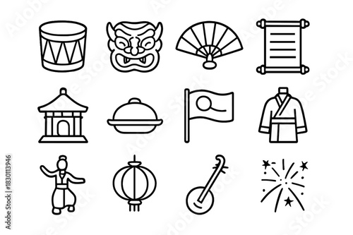 Global Traditions Icons. Global traditions. Line icon set of global traditions: drum, mask, fan, scroll, temple, food dish, flag, costume, dance pose, lantern,