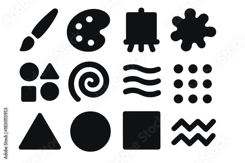 Abstract Icon Set. Modern abstract. Solid icon set of Modern abstract: paintbrush, palette, canvas, color splash, geometric shapes, swirl, lines, dots,