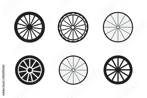 Bicycle Wheel Logos. Bicycle wheel. Icon set. Set Logo of bicycle wheel: rotating wheel. harmonious logo variations of the same emblematic concept, each with