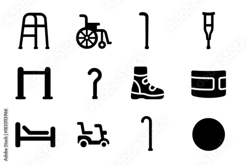 Mobility Device Icons. Mobility support devices. Solid icon set of Mobility support devices: walker, wheelchair, cane, crutches, handrail, grab bar, orthopedic