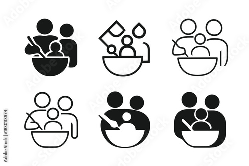 Family Cooking Icons. cooking together as a family. Icon set. Set Logo of cooking together as a family: mixing bowl and utensils. harmonious logo variations of