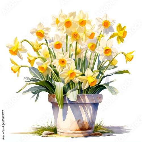 Watercolor illustration of daffodils in a pot on a white background