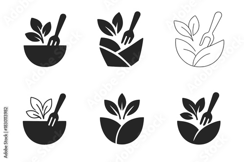 Salad Logo Variations. salad. Icon set. Set Logo of salad: fork and greens. harmonious logo variations of the same emblematic concept, each with different