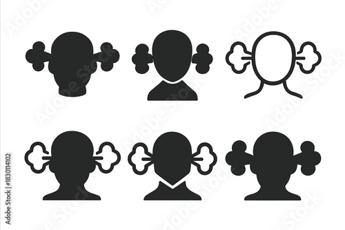 Steaming Ears Logo Variations. steam coming from ears. Icon set. Set Logo of steam coming from ears: cloud of steam. harmonious logo variations of the same