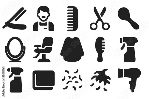 Barber Tools Icons. Haircut styling. Solid icon set of Haircut styling: straight razor, barber, comb, scissors, mirror, barber chair, cape, hairbrush, spray