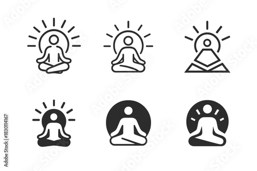 Outdoor Yoga Emblems. outdoor yoga meetups. Icon set. Set Logo of outdoor yoga meetups: sun and person meditating. harmonious logo variations of the same