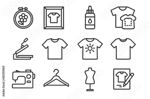 T-Shirt Art Tools. T-shirt art tools. Line icon set of T-shirt art tools: embroidery design, screen printing frame, fabric paint, iron-on patch, heat press,