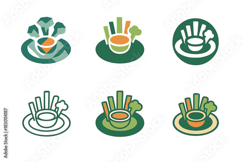 Appetizer Logo Icons. delicious appetizers. Icon set. Set Logo of delicious appetizers: platter with vegetable and dip bites. harmonious logo variations of the