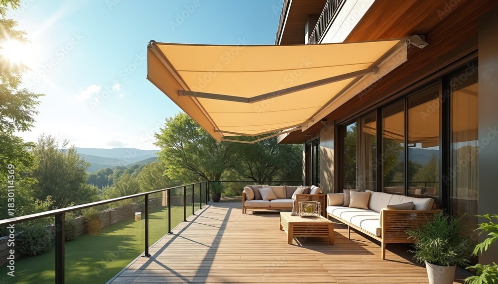Obraz premium Outdoor terrace with sunshade awning, sofas, nature view. Residential patio lounge area. Modern house exterior, relaxation zone. Balcony with furniture under awning. Comfortable summer home space,