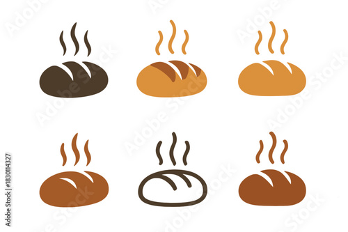Fresh Bread Logos. fresh bread. Icon set. Set Logo of fresh bread: bread loaf with steam lines. harmonious logo variations of the same emblematic concept, each