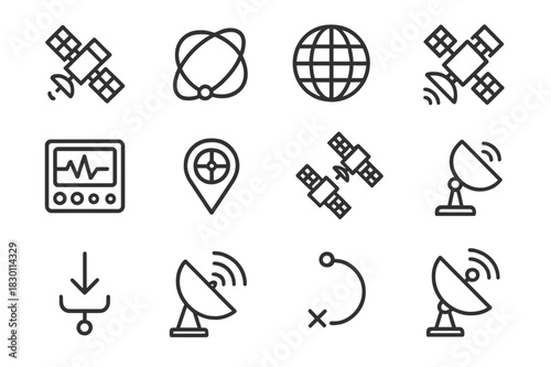 Orbital Communication Icons. Orbital communication. Line icon set of orbital communication: satellite, orbit path, globe, signal beam, telemetry panel, GPS
