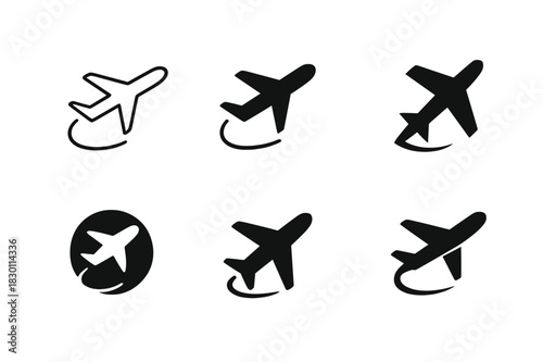 Airplane Logo Variations. traveling. Icon set. Set Logo of traveling: airplane in flight. harmonious logo variations of the same emblematic concept, each with