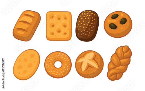 Assorted bread and pastry vector illustration, flat style, baked goods collection