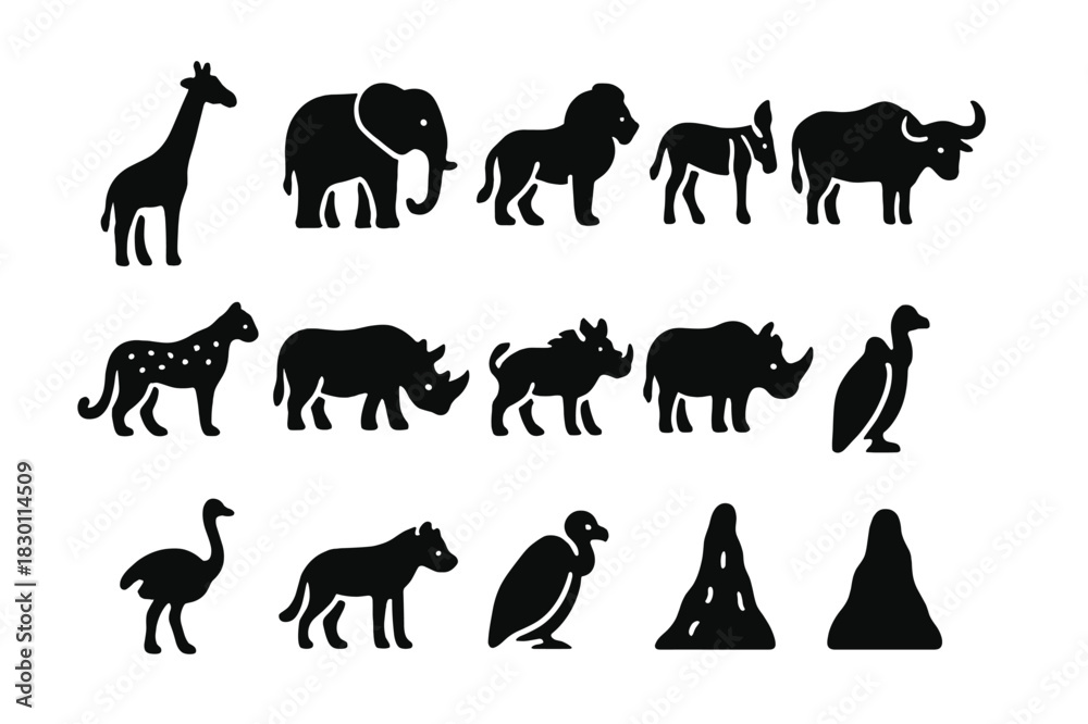 Obraz premium Safari Animal Icons. Safari animals. Solid icon set of Safari animals: giraffe, elephant, lion, zebra, cheetah, rhinoceros, warthog, buffalo, ostrich, hyena,