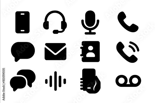 Voice Communication Icons. Voice communication. Solid icon set of Voice communication: smartphone, headset, microphone, call icon, speech bubble, message,