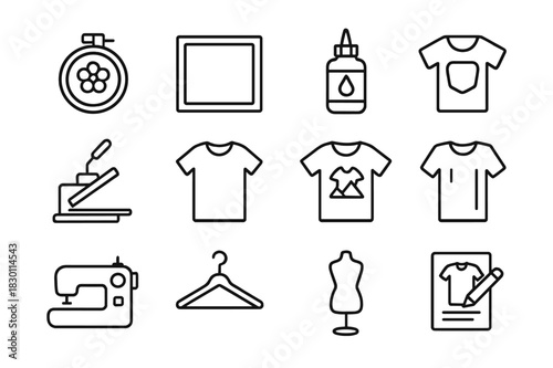 T-Shirt Art Tools. T-shirt art tools. Line icon set of T-shirt art tools: embroidery design, screen printing frame, fabric paint, iron-on patch, heat press,