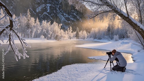 Photographer explores winter landscape, capturing serene snow-covered river scene surrounded by frosty trees. Tranquil and picturesque outdoor environment. Video made using Generative AI.