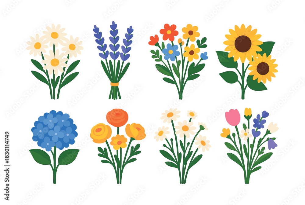 Obraz premium Daisy and sunflower vector illustration, floral bouquet, spring flowers, flat vector style