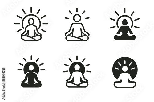 Outdoor Yoga Emblems. outdoor yoga meetups. Icon set. Set Logo of outdoor yoga meetups: sun and person meditating. harmonious logo variations of the same