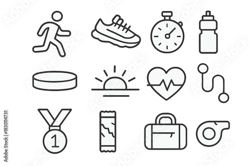Morning Run Icons. Morning run. Line icon set of morning run: runner, sneakers, stopwatch, water bottle, headband, sun rising, heart rate, route map, medal,