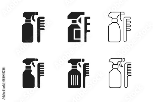 Beauty Icon Variations. beauty and grooming services. Icon set. Set Logo of beauty and grooming services: spray bottle and comb. harmonious logo variations of