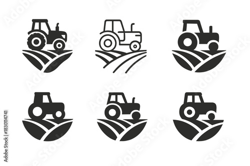 Smallholder Farming Icons. smallholder farming. Icon set. Set Logo of smallholder farming: tractor on field. harmonious logo variations of the same emblematic