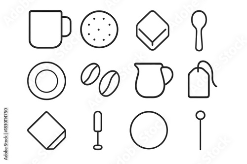 Coffee Break Icons. Coffee break items. Line icon set of Coffee break items: coffee mug, biscuit, sugar cube, spoon, saucer, coffee beans, milk jug, tea bag,