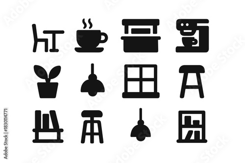 Black Cafe Icons. Cafe setup. Solid icon set of Cafe setup: table, chair, coffee cup, counter, menu board, espresso machine, plant, lamp, window, stool,