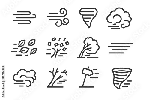 Wind Storm Icons. Wind storm. Line icon set of Wind storm: gust lines, swirling wind, tornado, dust cloud, flying leaves, debris, bent tree, motion lines,