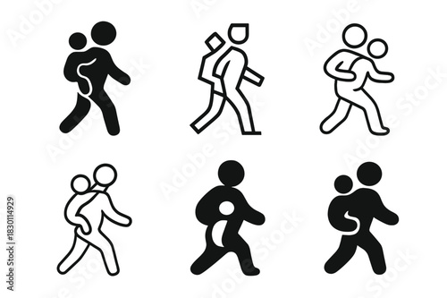 Child Carrying Icons. carrying a child on back. Icon set. Set Logo of carrying a child on back: family travel moment. harmonious logo variations of the same