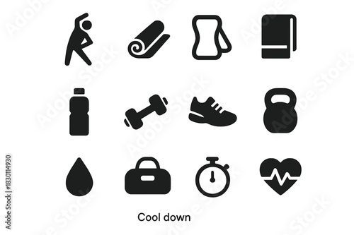 Cool Down Icon Set. Cool down exercises. Solid icon set of Cool down exercises: person stretching, yoga mat, resistance band, towel, water bottle, dumbbell,