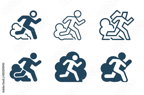 Running Through Haze Logos. running through smoke. Icon set. Set Logo of running through smoke: person escaping haze. harmonious logo variations of the same