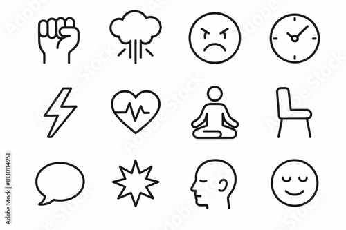 Anger Management Icons. Anger management. Line icon set of anger management: fist, stress cloud, face, clock, lightning bolt, heart rate, meditation, chair,