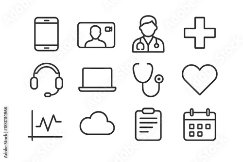 Telemedicine Icon Set. Telemedicine. Line icon set of telemedicine: smartphone, video call, doctor, cross, headset, laptop, stethoscope, heart, graph, cloud,