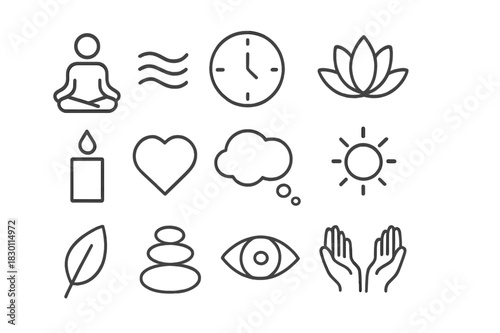 Mindfulness Icon Set. Mindfulness practice. Line icon set of mindfulness practice: person meditating, breath wave, clock, lotus, candle, heart, thought bubble,