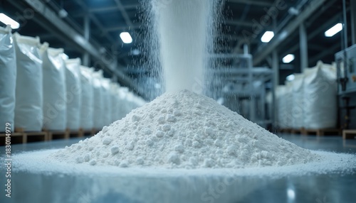 White powder pours into large pile on factory floor. Industrial manufacturing process at modern plant. Bulk material processing, storage, distribution in clean warehouse. Automated production line
