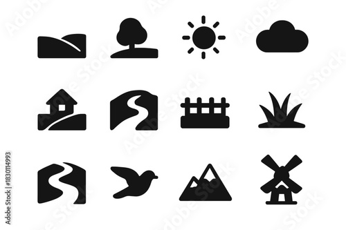 Rolling Hills Icon Set. Rolling hills. Solid icon set of rolling hills: curved hill, tree, sun, cloud, farmhouse, winding road, fence, grass, river, bird,
