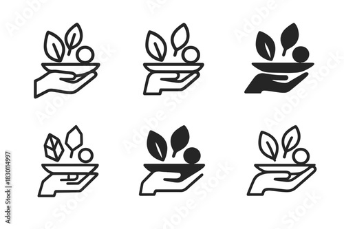 Mindful Eating Icons. mindful eating. Icon set. Set Logo of mindful eating: hand holding balanced meal. harmonious logo variations of the same emblematic