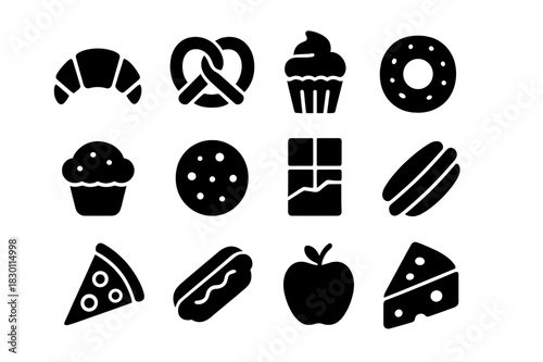 Bakery and Deli Icons. Bakery and deli. Solid icon set of Bakery and deli: croissant, pretzel, cupcake, donut, muffin, cookie, chocolate bar, sandwich, pizza