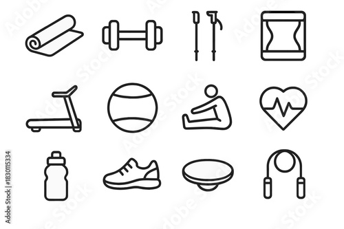 Exercise Icon Set. Exercise and fitness. Line icon set of Exercise and fitness: yoga mat, dumbbell, walking stick, resistance band, treadmill, exercise ball,