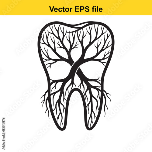 Black and white vector illustration of a human molar tooth shape filled with a stylized tree root system, isolated on white background